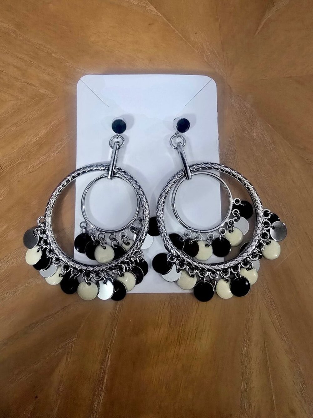 Silver Double Hoop Statement Earrings Black Cream Polished Coin Charms